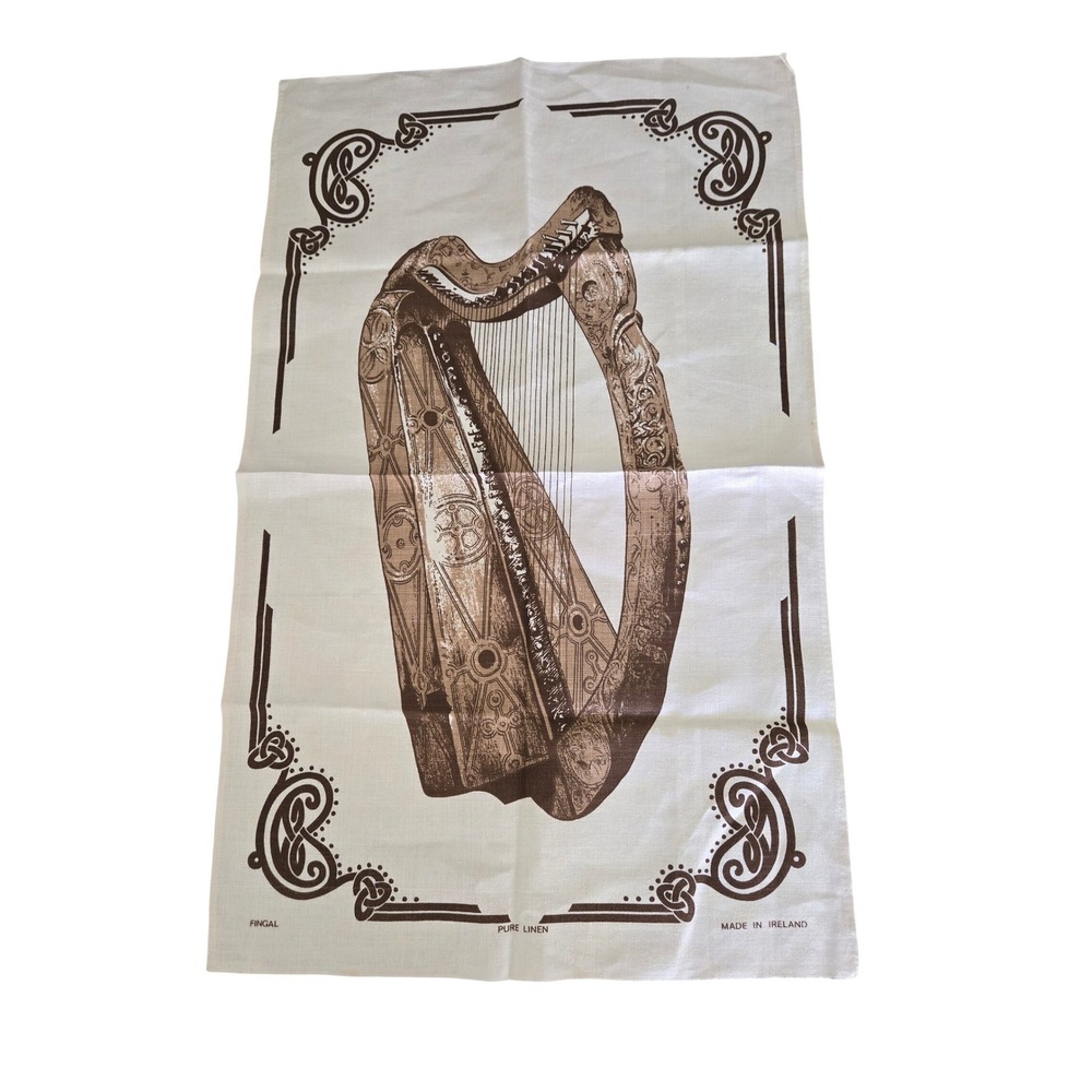 Vintage Fingal Tea Towel Cream Brown Irish Linen Harp Celtic Knot Ireland 18x30